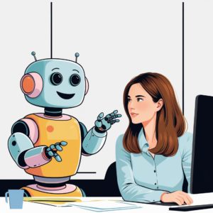 Woman on computer talking to friendly robot