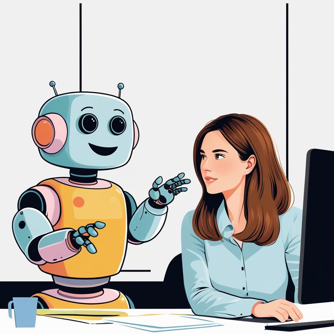 Woman on computer talking to friendly robot